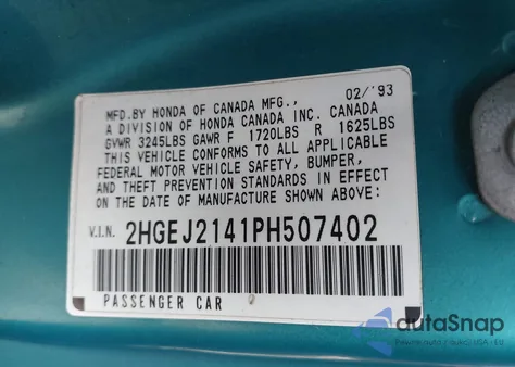 1993 Honda Civic Dx z USA, uszkodzony, nr VIN 2HGEJ2141PH507402